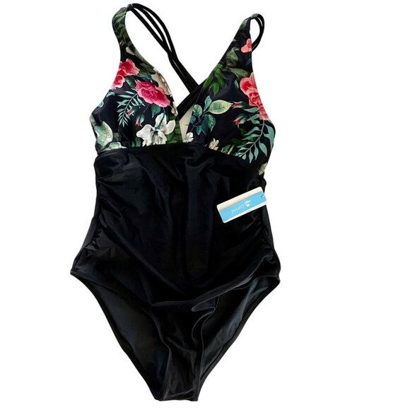 Cupshe Floral Top Black Bottom Double Strap One Piece Swimsuit Large NEW NWT - Picture 1 of 13